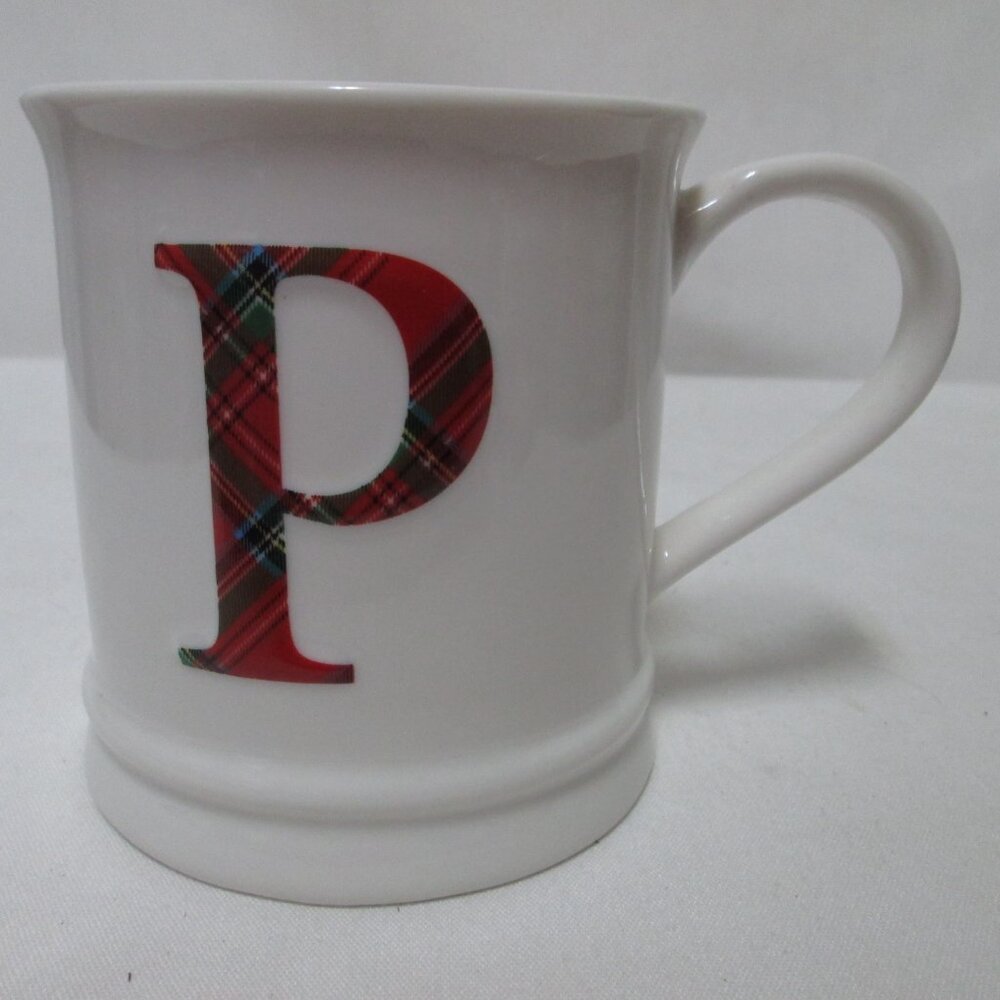 Mud Pie Plaid initial monogram "P" Cup Mug Ceramic red plaid NEW NWT